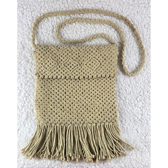 VTG Macrame Ivory Crossbody Handbag Purse Crochet Fringe Hippie Boho Zipper - Picture 1 of 10